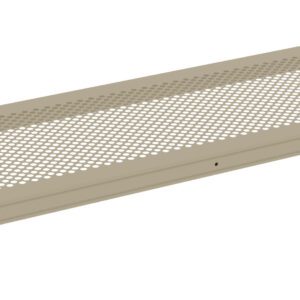 A beige, rectangular perforated metal shelf with rounded corners is shown. It is supported by white brackets on both ends for mounting. The shelf features a grid-like pattern that covers most of its surface.