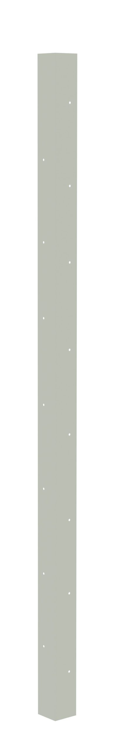 alhe30pzma6g6urubljc.jpg A tall, rectangular metal beam with a light grayish color. It has small evenly spaced holes along its length. The background is plain white.
