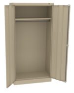 Open beige metal wardrobe with two doors, revealing one shelf and a hanging rail inside. The interior is empty, and the wardrobe stands on a flat surface against a white background.