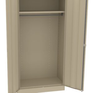 Open beige metal wardrobe with two doors, revealing one shelf and a hanging rail inside. The interior is empty, and the wardrobe stands on a flat surface against a white background.