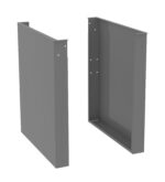 Two vertical gray metal panels are shown, each with multiple holes for assembly. One is angled to display its depth and interior side, while the other is viewed head-on. Both panels have a minimalist design.