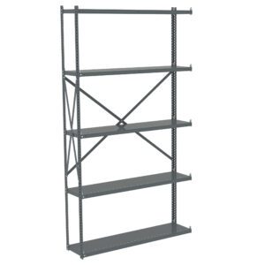 A tall, empty, gray metal shelving unit with five adjustable shelves. It has a cross-brace for support on one side and open ends. Ideal for storage in garages, warehouses, or offices.