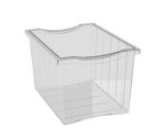 A clear, transparent plastic storage bin with slightly curved handles on both sides. The bin is rectangular and empty, with a grid pattern on the base.