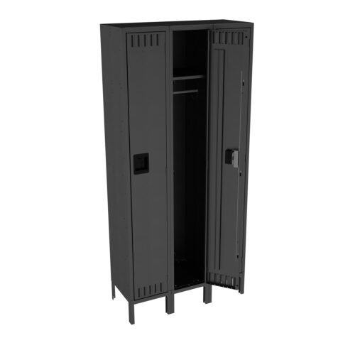 amhda8wblmbdz03dpcde.jpg A black metal storage locker with two open doors, revealing empty shelves and a hanging rod inside. The locker has a simple, industrial design with small ventilation slots at the top and bottom.