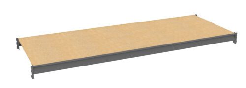A rectangular wooden shelf with a gray metal frame. The shelf is viewed from a slightly elevated angle, displaying its flat surface and simple design.