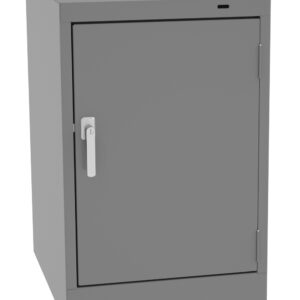 A gray metal cabinet with a single door and a handle on the left side. It is a rectangular, industrial-style storage unit with a smooth surface, positioned upright against a neutral background.