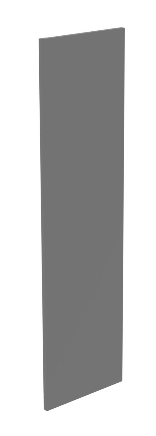 A large rectangular slab of grey porcelain stoneware stands vertically. The surface appears smooth and uniform in color, emphasizing its polished texture and modern design.