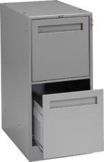 A gray metal filing cabinet with two drawers, the bottom one slightly open, revealing a hanging file folder inside. The top drawer is closed and has a lock with a key inserted. The cabinet has a plain design.