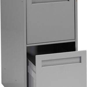 A gray metal filing cabinet with two drawers, the bottom one slightly open, revealing a hanging file folder inside. The top drawer is closed and has a lock with a key inserted. The cabinet has a plain design.