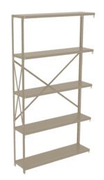 A beige metal shelving unit with five adjustable shelves and cross-bracing on the back, designed for storage. The structure is minimalistic, with perforated sides for easy adjustment of shelf heights.