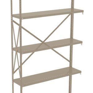 A beige metal shelving unit with five adjustable shelves and cross-bracing on the back, designed for storage. The structure is minimalistic, with perforated sides for easy adjustment of shelf heights.