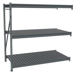 A gray industrial metal shelving unit with three horizontal shelves and vertical support beams. The shelves have a slatted design, suitable for storage or organizational purposes. The unit is isolated on a white background.