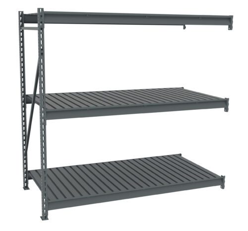 aobddkadpbwlzlk5jiyv.jpg A gray industrial metal shelving unit with three horizontal shelves and vertical support beams. The shelves have a slatted design, suitable for storage or organizational purposes. The unit is isolated on a white background.