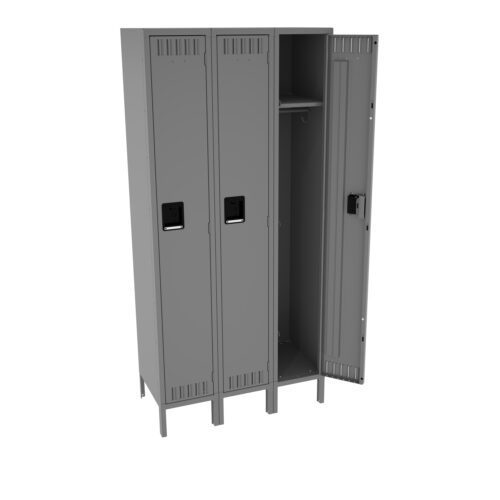 aobpevqqvazostiboxuv.jpg A row of three gray metal lockers with black handles. The rightmost locker door is open, revealing a shelf and hanging hook inside. The lockers stand on small legs and have vented tops and bottoms.