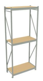 A tall, metal storage shelf unit with three wooden shelves. The frame is silver with diagonal support bars on the sides for stability. The shelves are evenly spaced and the unit is standing upright.