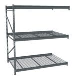 A metal shelving unit with three wire mesh shelves. The frame is sturdy, featuring cross-bracing for support. The shelves are evenly spaced, providing ample storage space for various items. The unit displays an industrial design.