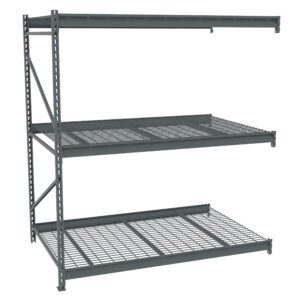 A metal shelving unit with three wire mesh shelves. The frame is sturdy, featuring cross-bracing for support. The shelves are evenly spaced, providing ample storage space for various items. The unit displays an industrial design.