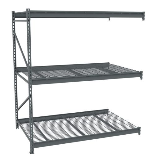 A metal shelving unit with three wire mesh shelves. The frame is sturdy, featuring cross-bracing for support. The shelves are evenly spaced, providing ample storage space for various items. The unit displays an industrial design.