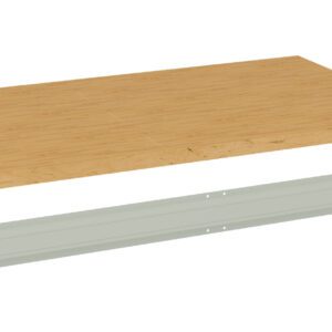 Image of a light wood-finished rectangular shelf panel above a long, light gray metal bracket. The panel is smooth with a natural wood texture, and the bracket appears to be designed for wall mounting to support the shelf.