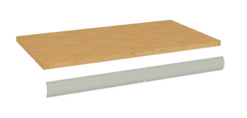 Image of a light wood-finished rectangular shelf panel above a long, light gray metal bracket. The panel is smooth with a natural wood texture, and the bracket appears to be designed for wall mounting to support the shelf.