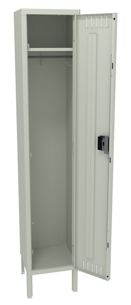 ap8fy3i2csztnfcchyze.jpg A tall, light gray metal locker with a single open door. Inside, a hanging rod and a hook are visible. The locker stands on four legs and has a ventilation panel on the top of the door.