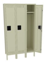 A set of three beige metal lockers, with the rightmost door open. The lockers have black handles and ventilation slots at the top and bottom. Inside the open locker, a rail and hook are visible for hanging items.