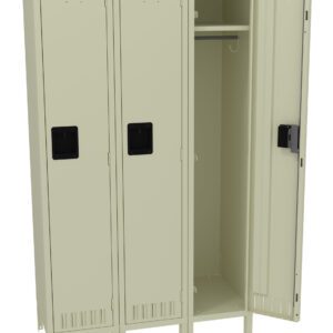 A set of three beige metal lockers, with the rightmost door open. The lockers have black handles and ventilation slots at the top and bottom. Inside the open locker, a rail and hook are visible for hanging items.