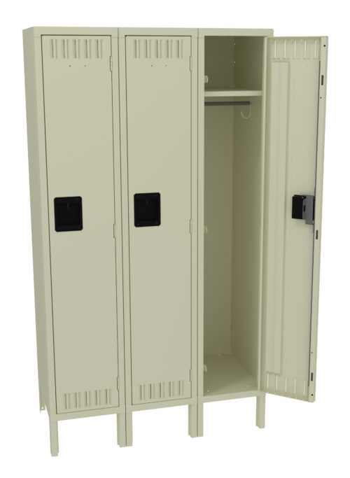 A set of three beige metal lockers, with the rightmost door open. The lockers have black handles and ventilation slots at the top and bottom. Inside the open locker, a rail and hook are visible for hanging items.