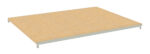A flat, rectangular particle board shelf supported by thin metal brackets on each corner, intended for use in shelving or storage systems. The surface is smooth and wood-textured.