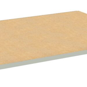 A flat, rectangular particle board shelf supported by thin metal brackets on each corner, intended for use in shelving or storage systems. The surface is smooth and wood-textured.