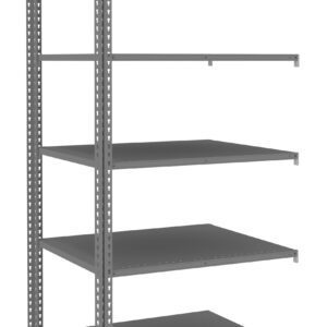 A tall, gray metal shelving unit with four adjustable shelves, designed for storage. The unit is free-standing and has perforated side supports for easy adjustment.