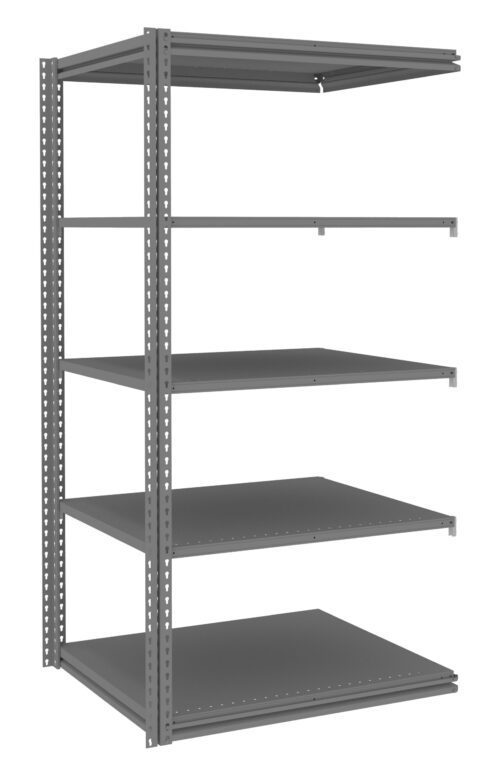 A tall, gray metal shelving unit with four adjustable shelves, designed for storage. The unit is free-standing and has perforated side supports for easy adjustment.