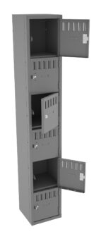 A tall, gray metal locker with five compartments. Four of the doors are open, revealing empty shelves inside. Each compartment has ventilation slots and a locking mechanism.