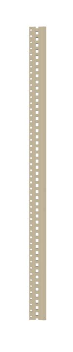 A vertical beige or light brown metal strip with two parallel rows of evenly spaced rectangular cutouts along its length. The background is plain white.