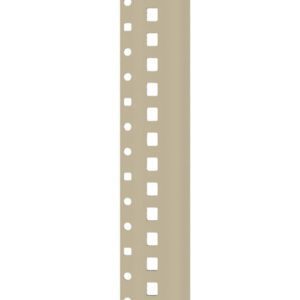 A vertical beige or light brown metal strip with two parallel rows of evenly spaced rectangular cutouts along its length. The background is plain white.