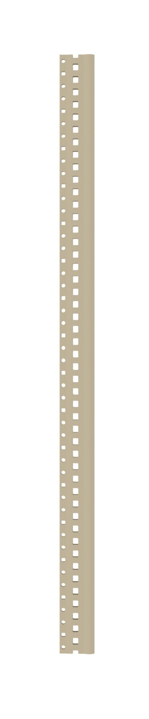 A vertical beige or light brown metal strip with two parallel rows of evenly spaced rectangular cutouts along its length. The background is plain white.