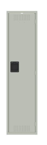 A tall, light gray metal locker with a black recessed handle. The locker has vertical ventilation slots on the top and bottom. It is shown against a plain white background.