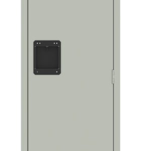 A tall, light gray metal locker with a black recessed handle. The locker has vertical ventilation slots on the top and bottom. It is shown against a plain white background.