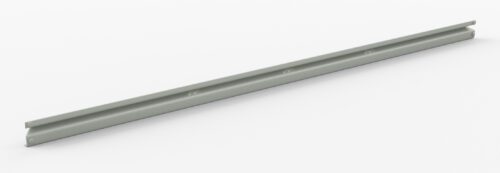 A long, slender, metallic rail with a light gray finish, shown at a slight angle against a plain white background. The rail features a smooth surface with evenly spaced holes along its length.