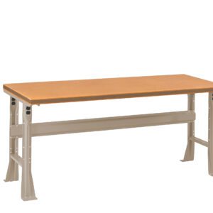 A sturdy workbench features a light brown wooden top and a beige metal frame with adjustable legs. The design is simplistic, emphasizing functionality, and is suitable for various tasks. The background is plain white.