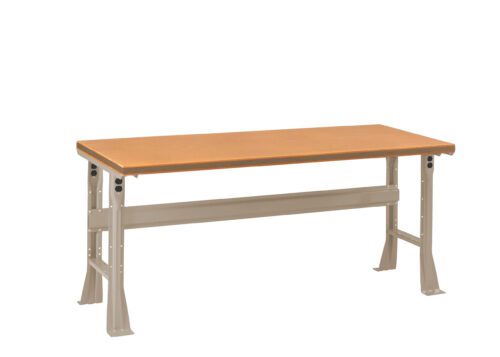 A sturdy workbench features a light brown wooden top and a beige metal frame with adjustable legs. The design is simplistic, emphasizing functionality, and is suitable for various tasks. The background is plain white.