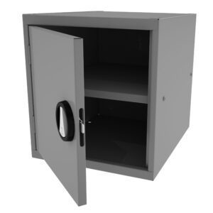 A gray metal locker with its door partially open, revealing empty shelves inside. The locker has a black and silver handle for opening. The locker is set against a plain white background.