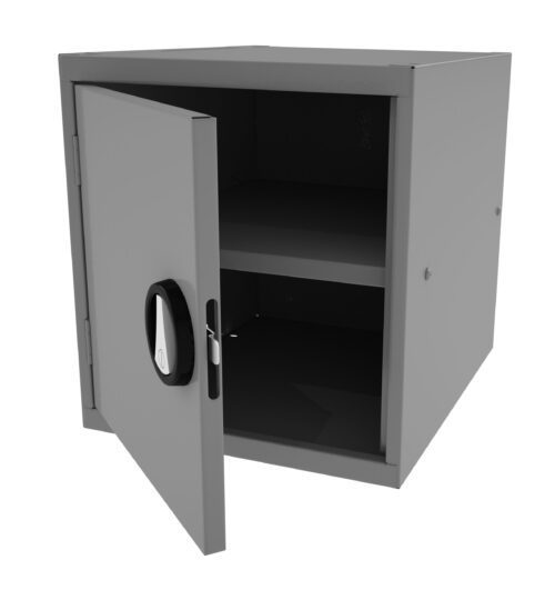 A gray metal locker with its door partially open, revealing empty shelves inside. The locker has a black and silver handle for opening. The locker is set against a plain white background.