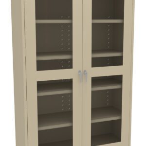 A beige metal cabinet with glass-paneled double doors and silver handles. It features multiple adjustable shelves visible through the glass. The cabinet is set against a plain white background.