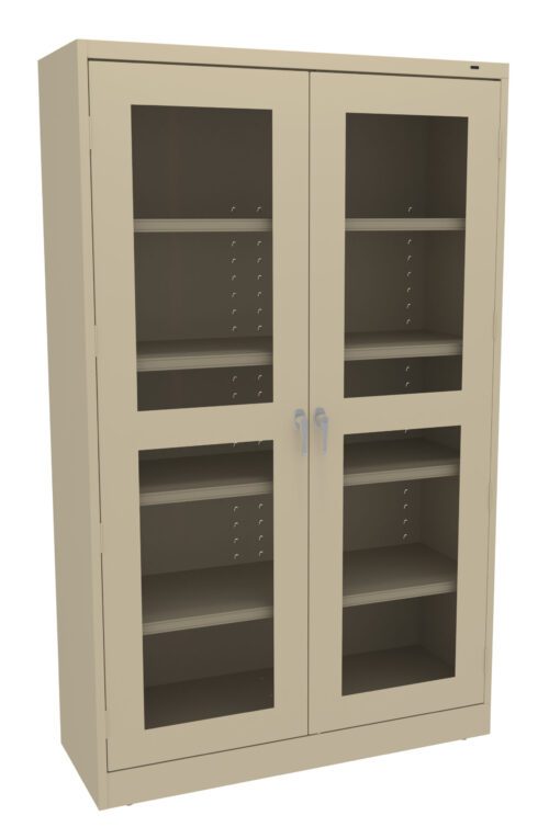 A beige metal cabinet with glass-paneled double doors and silver handles. It features multiple adjustable shelves visible through the glass. The cabinet is set against a plain white background.