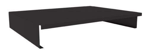 A black, minimalist rectangular desk riser with a flat top surface and open sides, designed to elevate a monitor or laptop on a desk. The riser has a sleek, modern appearance.