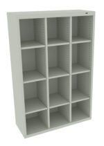 A light gray, metal shelving unit with three rows and four columns, creating twelve individual compartments. Each section is empty, and the unit is set against a plain white background.