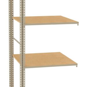 Freestanding metal shelving unit with four wooden shelves. The structure is made of metal beams with holes for adjustable shelf heights. The design is minimalist, suitable for storage or organization.