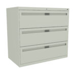 A beige three-drawer filing cabinet with silver-colored handles. The cabinet is viewed from a slight angle, showing the fronts of the drawers clearly.