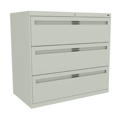A beige three-drawer filing cabinet with silver-colored handles. The cabinet is viewed from a slight angle, showing the fronts of the drawers clearly.